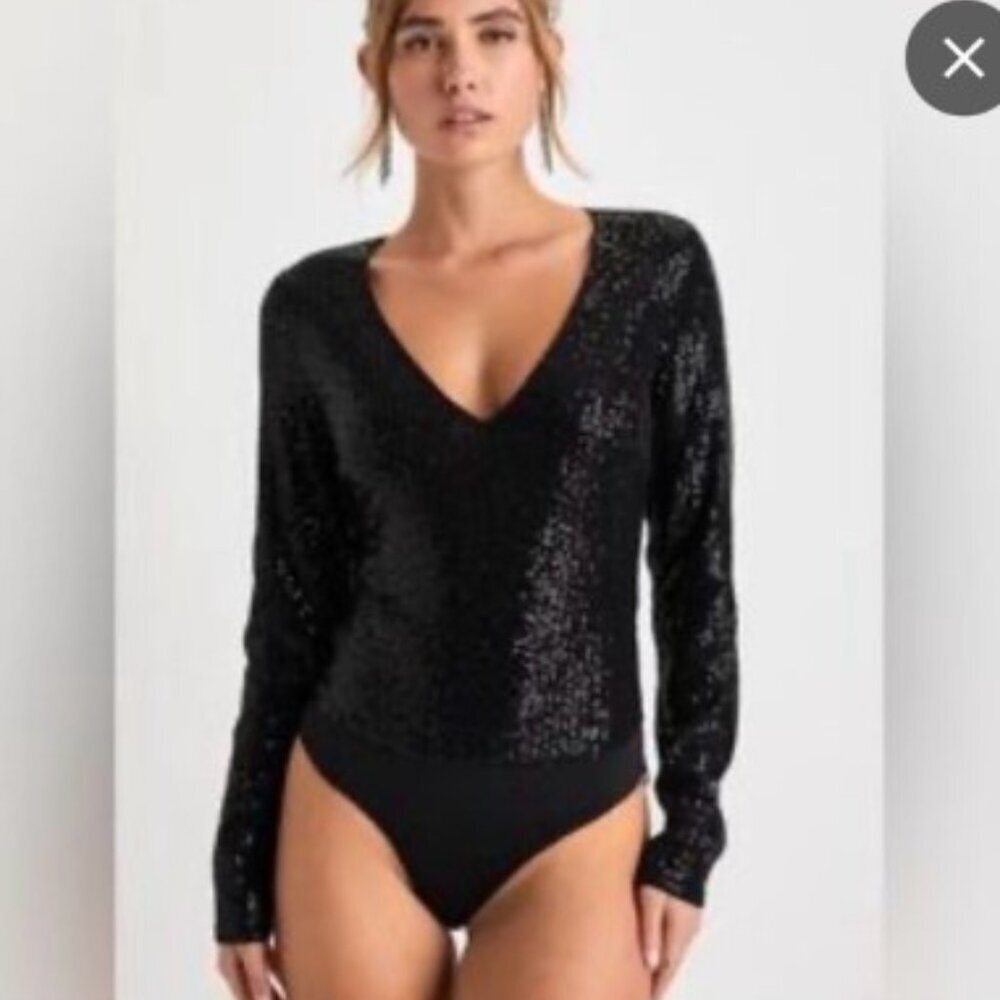 Dynamite Black Sequin V-Neck Bodysuit - XS